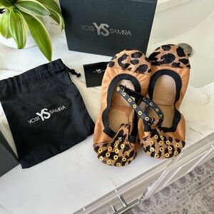Yosi Samra Women’s Foldable Flats with Leopard and Tan Design-Size 9